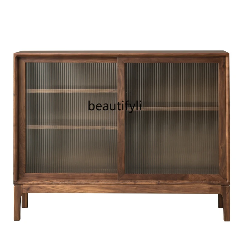 

Nordic Black Walnut Simple Solid Wood Sideboard Japanese Style Living Room Side Cabinet Glass Locker Tea Cabinet Wine Cabinet