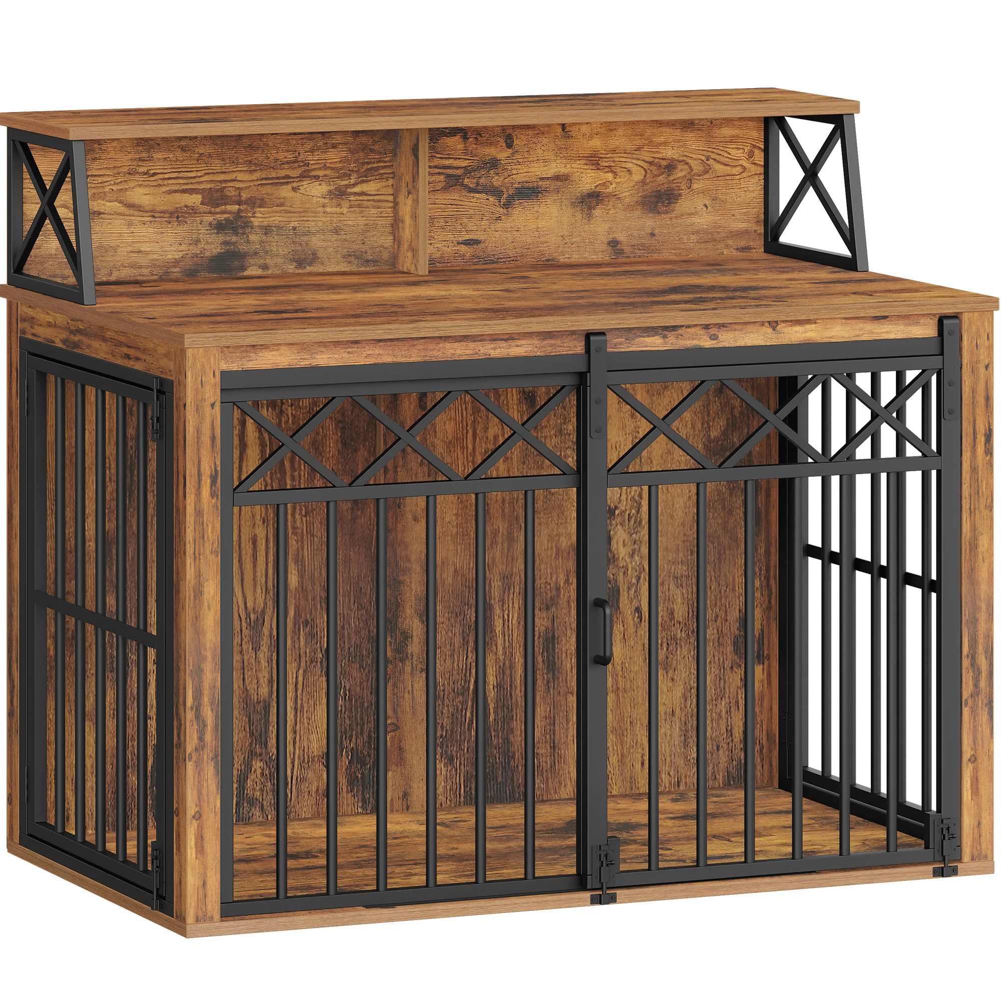 Hondenkennelmeubel, grote houten hondenkennel met opbergruimte en 3 deuren, binnenkennel voor middelgrote/grote honden, rustiek bruin