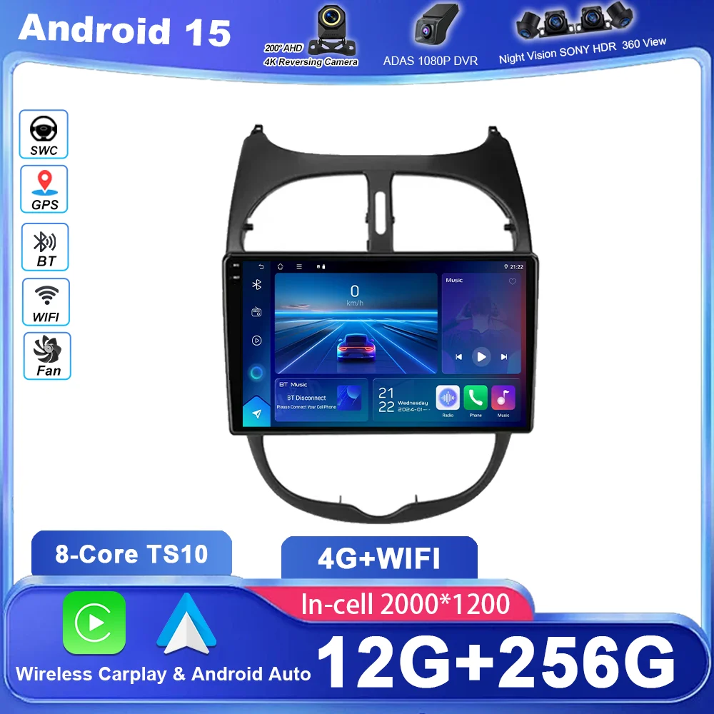 

Android 15 GPS Navigation For PEUGEOT 206 206CC 206SW 2001 -2016 Auto Radio Stereo Multimidia Player Carplay NO 2DIN DVD WIfi 4G