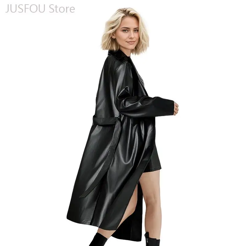 Women Black Maxi Faux Pu Leather Trench Coat Lapel Loose Fit Fall Elegant Y2K Stylish Jacket Casual Long Windbreaker Outerwear