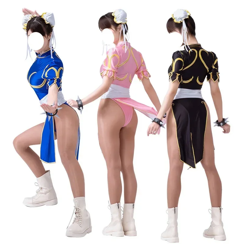 

set Shiny Glossy Satin One-piece Body Suit Japanese Anime Street Fighter Cosplay Chunli Skirt Sexy Costume Roleplay