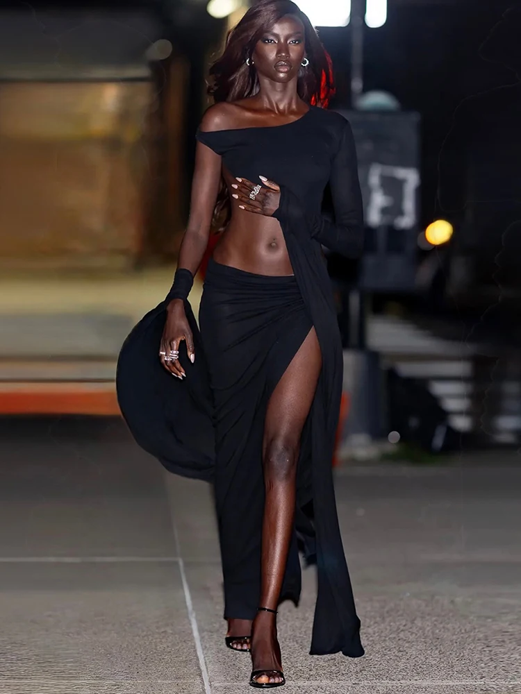 Kliou-Vestido largo asimétrico para mujer, vestido Sexy con huecos, cuello oblicuo, diseño de un hombro, cinta rizada, fiesta de graduación de medianoche, Vestidos elegantes