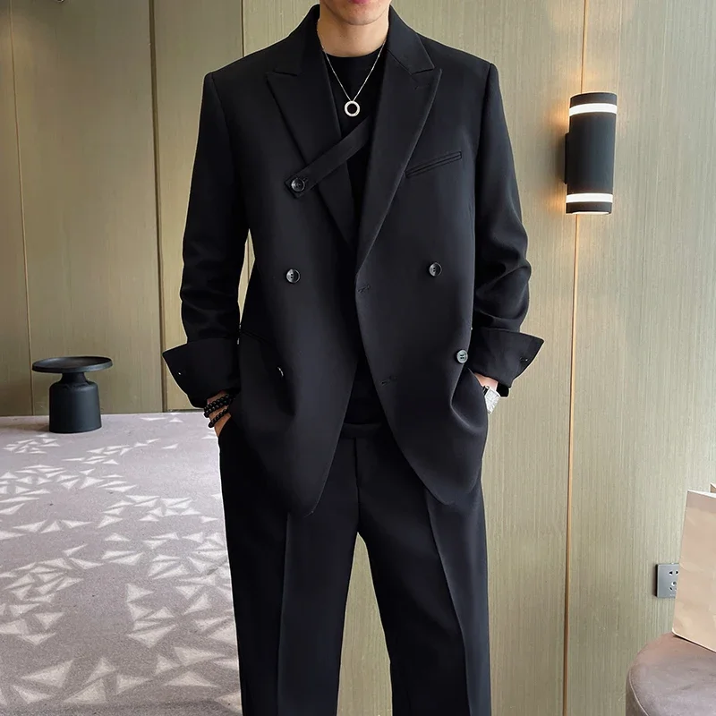 Men Fashion Casual Double Breasted Loose Casual Suits Blazer Wide Leg Pant Male Wedding Business Dress Suits Coat Trousers