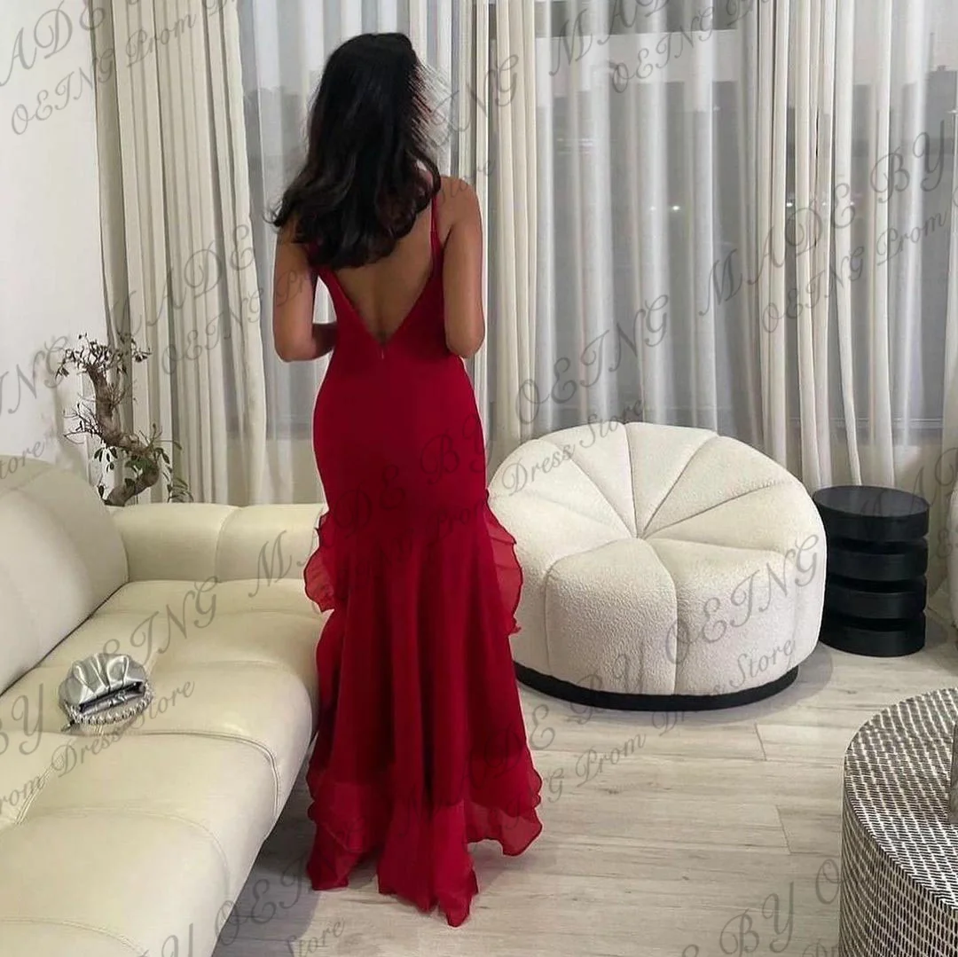 Gaun Prom merah gaun malam terompet ruffle tali Spaghetti elegan gaun pesta pernikahan Formal Vestidos De Novia Gala