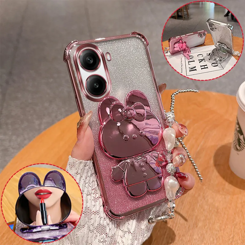 Fashion Cute 3D Bunny Mirror Stand Phone Case For Oppo A6X A6 A6C A6T Pro A6K A6S Glitter Anti Drop Cover With Pearl Chain Girly