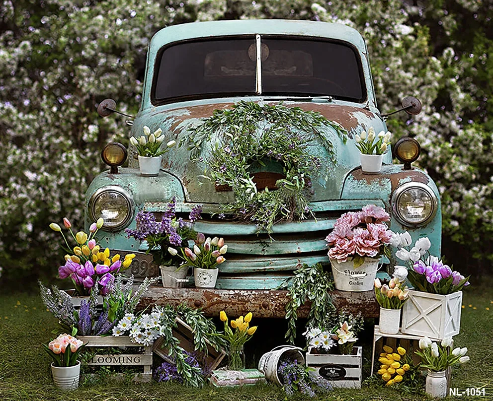 Spring Easter Photography Backdrop Blue Truck Colorful Eggs Flowers Rabbit Background Tulip Floral Forest Photo Tapestry Booth