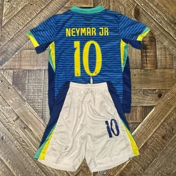 Blue Brazil Neymar Jr Kids Soccer Jersey 24-25 Quick drying Breathable Short Sleeve Shorts Set Fashion Children Adult Set