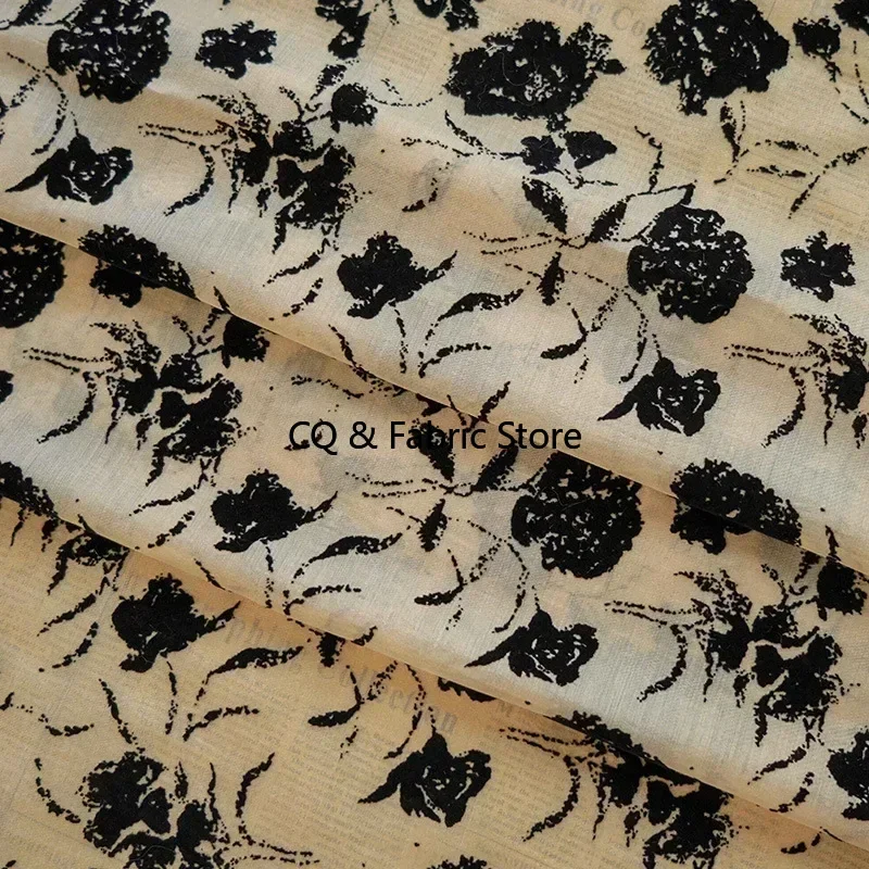 Retro Classic Rose Flocking Women's Dress Fabric Spring/Summer Dress Designer Fabric Sheer Chiffon Fabric