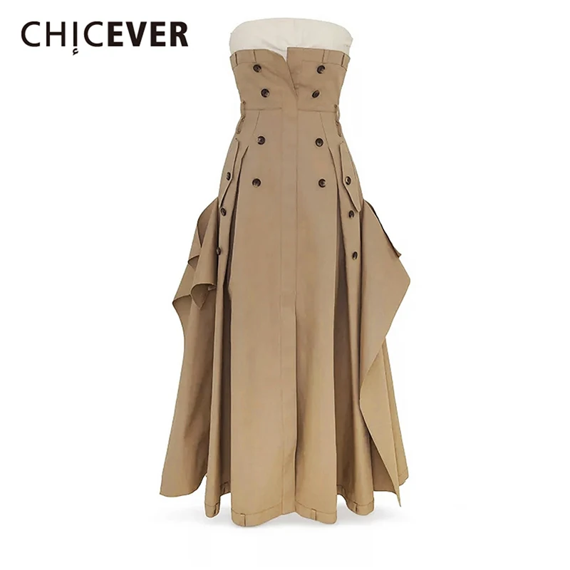 

CHICEVER Khaki Spliced Button Dress Female Strapless Sleeveless High Waist Irregular Design Chic Women's Dresses Summer Style