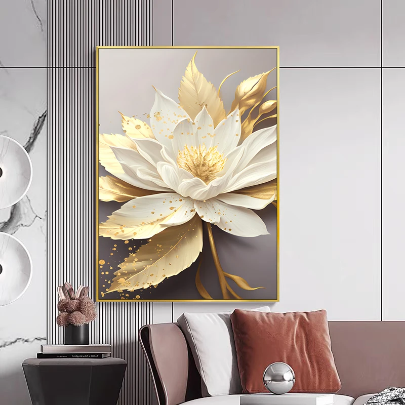 Gold Leaf White Blooming Flowers Poster Decorative Paintings Canvas Wall Pictures Living Room Modern Bedroom Home Decor Interior