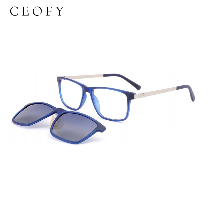 Ceofy Men Square Glasses Frame Popular Polarized Sun Clip Magnet Myopia Optical Prescription Sunglasses Blue Eyeglasses Frame