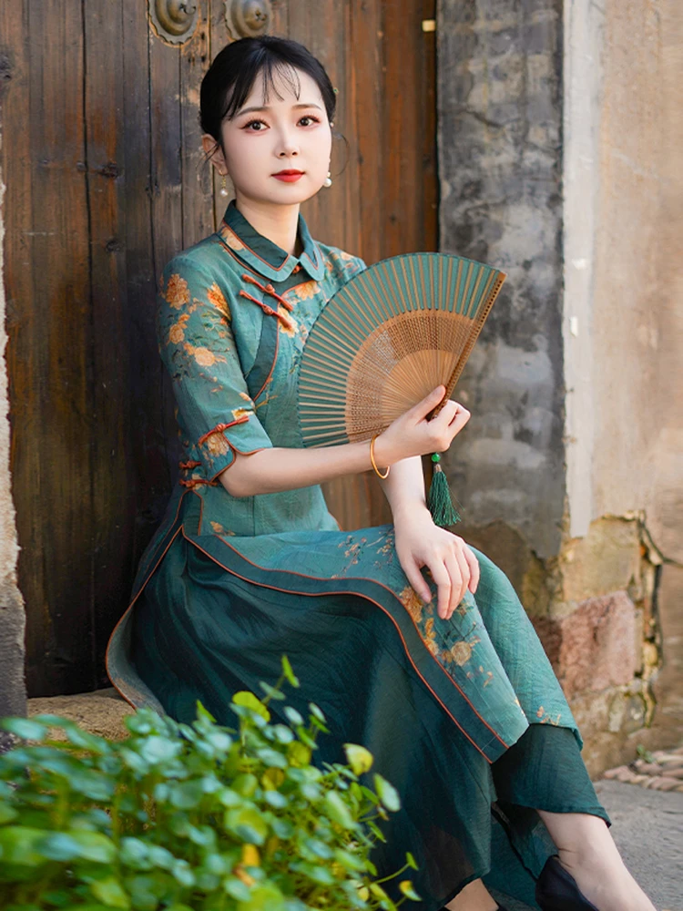 

New Summer Chinese Sle Long Qipao Dr Slimming Waist Beautifully Designed Breathable ort Sve High Slit Daily Wear