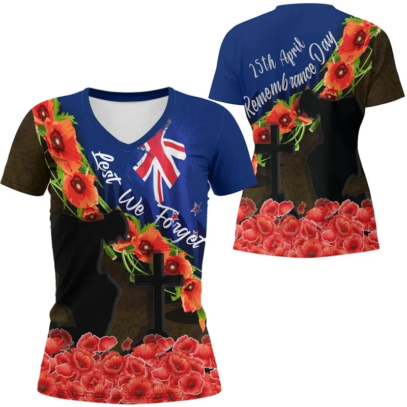 Anzac Day V Neck T Shirt For Men Sportswear Casual Short Sleeves Australia New Zealand Flag Graphic T-Shirts Kid Jersey Tees