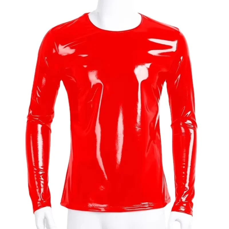 Mens Sexy Red Glossy PVC Leather Long Sleeve Shirt Erotic Shaping Casual Coat Male Shiny Metallic Patent Leather T-shirts Sexi