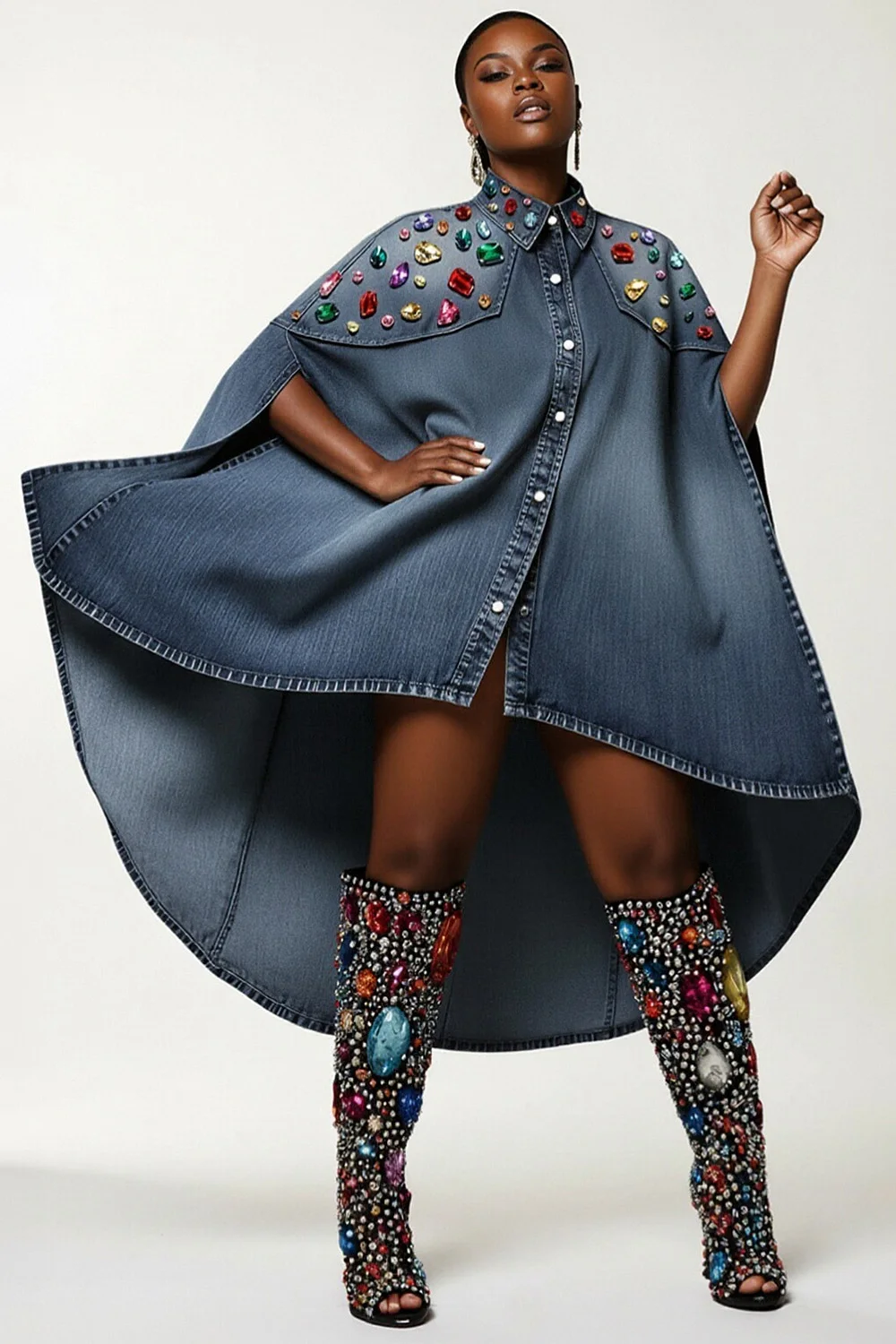 

Plus Size Party Blue Shirt Collar Half Sleeve Drilling Casual Asymmetric Hem Denim Mini Dresses