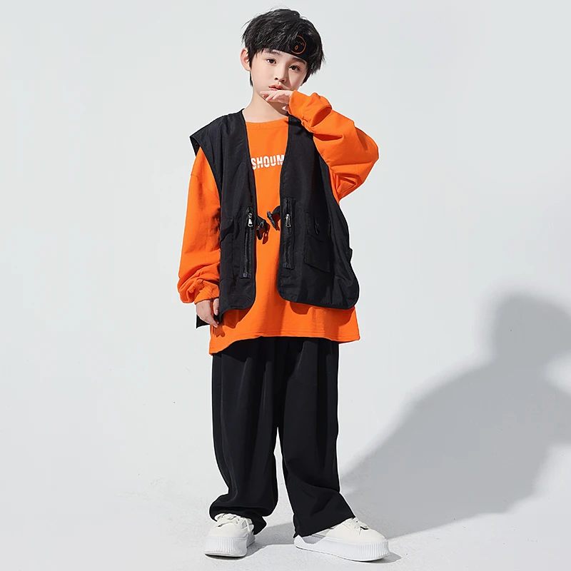 Kids Teen Kpop Outfit Hip Hop Clothing Orange Shirt Black Vest Baggy Pants For Girls Boys Jazz Dance Costume Street Wear Clothes