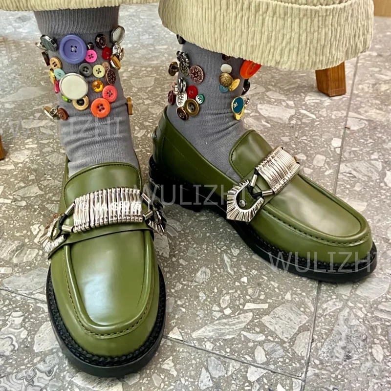 Wulizhi couro verde sola preta plana oxfords couro preto prata metálico grânulo listra design casual negócios trabalho sapatos de festa