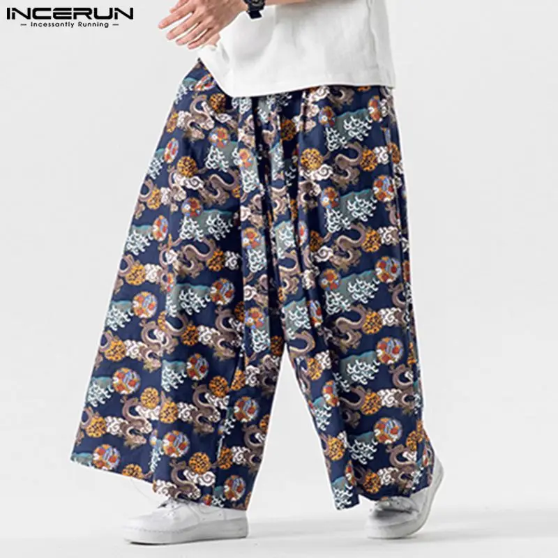 INCERUN 2024 koreański styl Pantalony moda męska nadruk ze smokiem spodnie w stylu casual, w stylu Streetwear proste nogawki luźne spodnie S-5XL