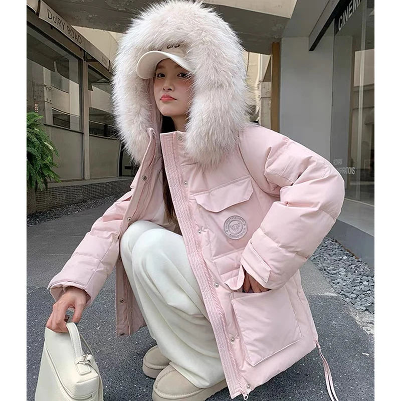 

Women Winter Hooded Cotton Padded Coat Thick Warm Long Sleeve Parka Jacket Faux Fox Fur Collar Cargo Casual Puffy Outwear