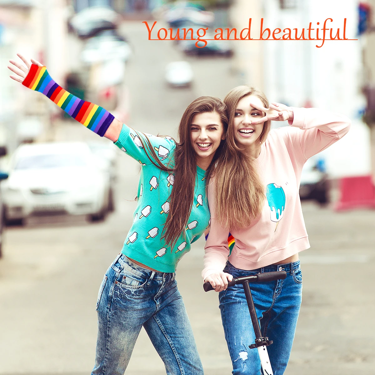 

1Pair Rainbow Pattern Long Sleeves Fingerless Warmers Stretchy Breathable Gloves for Women Girls Colorful Daily Cosplay