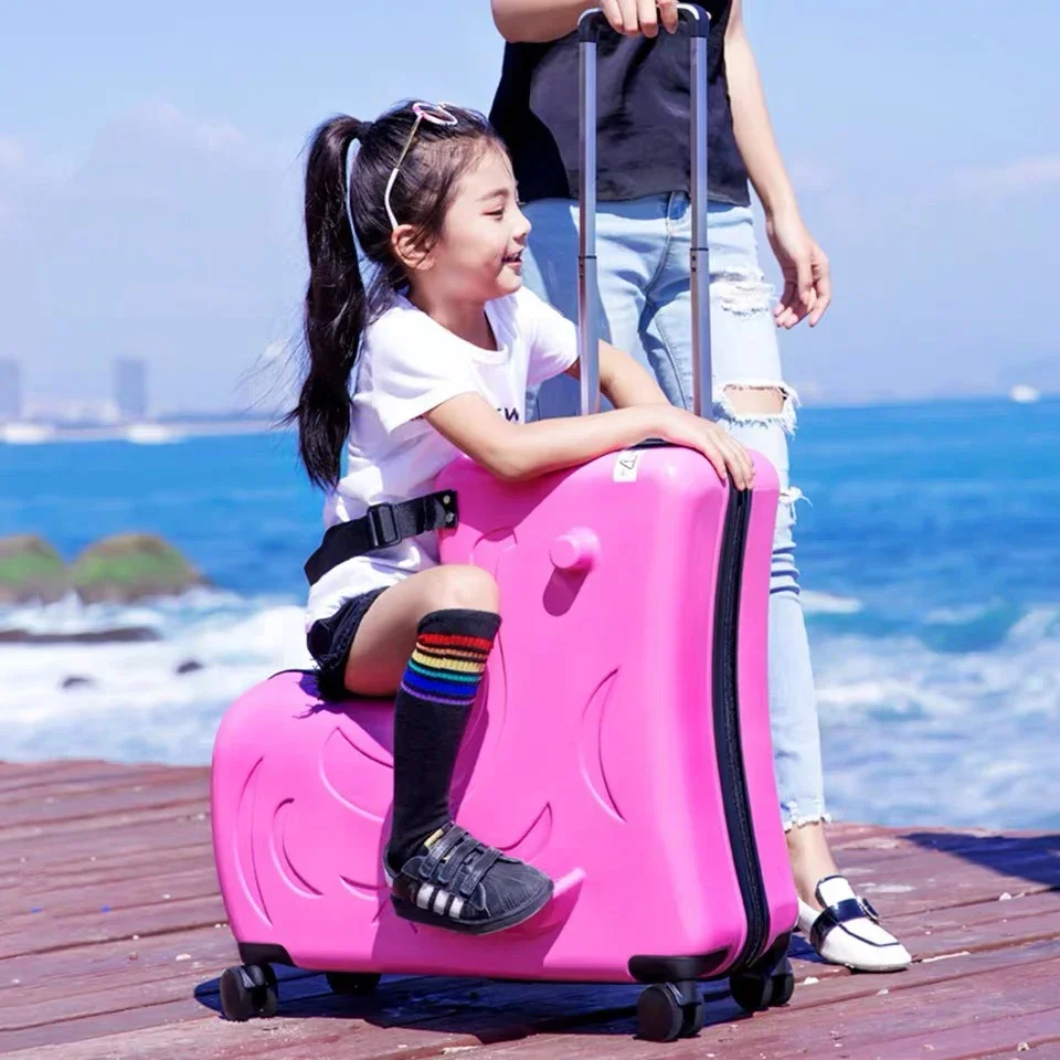 New Kids Riding Trojanl Luggage Hot Boys Girls Travel Trolley Alloy Children Sitting Rolling Luggage Suitcase Spinner Wheels