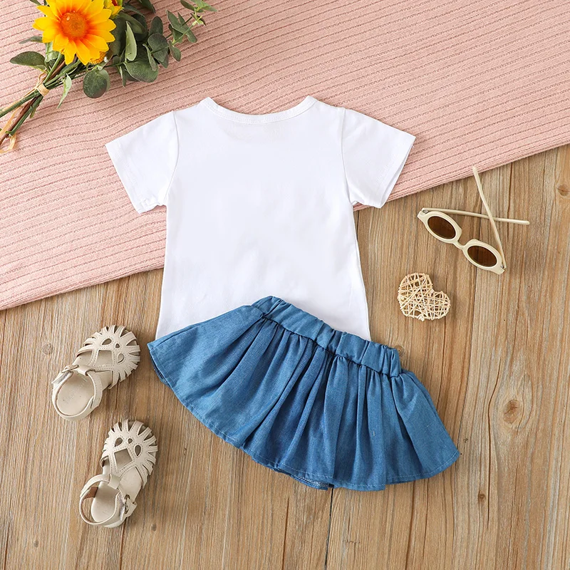 Summer Baby Girl Clothes Fashion Cotton Short  Sleeve Letter Print T-shirt Denim  Skirt Independence DayToddler Girl Clothes