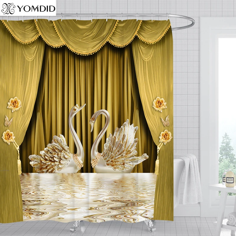 YOMDID 1/4pcs Golden Floral Swan Printed Shower Curtain Set Bathroom Partition Curtain Shower Curtain Elegent Bathroom Decor