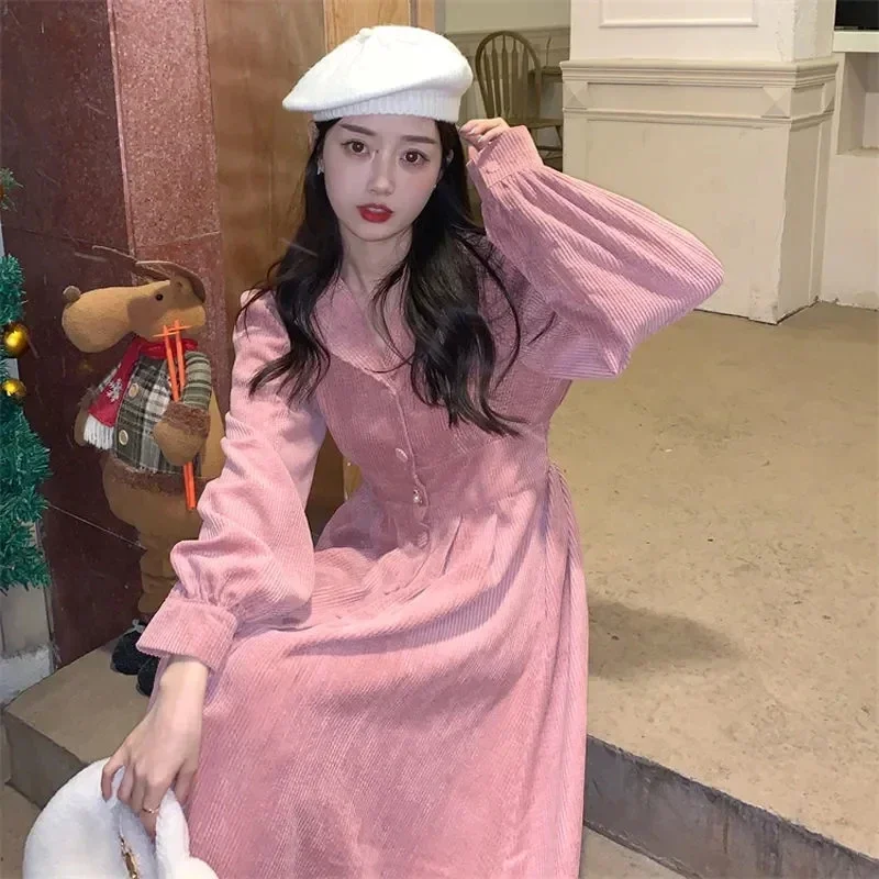 

Midi Corduroy Dresses Women Retro French Style Notched Collar Buttons Design Sweet Girl Autumn Long Sleeve New Casual Slim CozyL