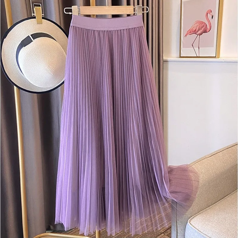 

Spring Summer Simplicity Pleated Solid Color Elastic Waist A-line Skirt Ladies All-match Fashionable Net Yarn Pleated Skirt