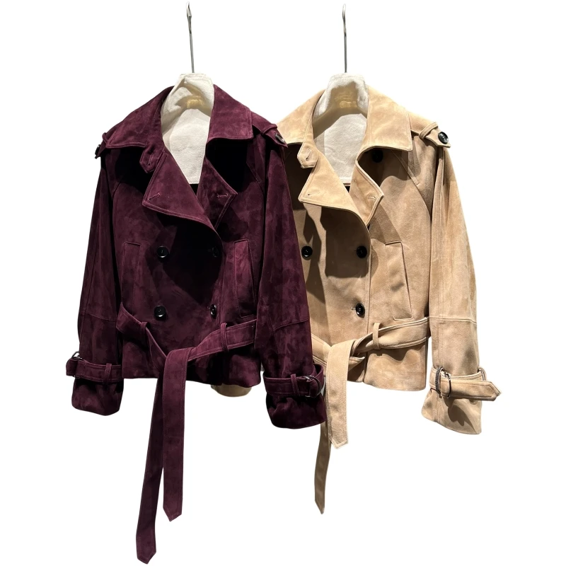 Sheepskin Suede Coat Small Cloak Type Cloak Type Purple Beige Leather Suede Coat  casaco inverno  casaco de couro feminino