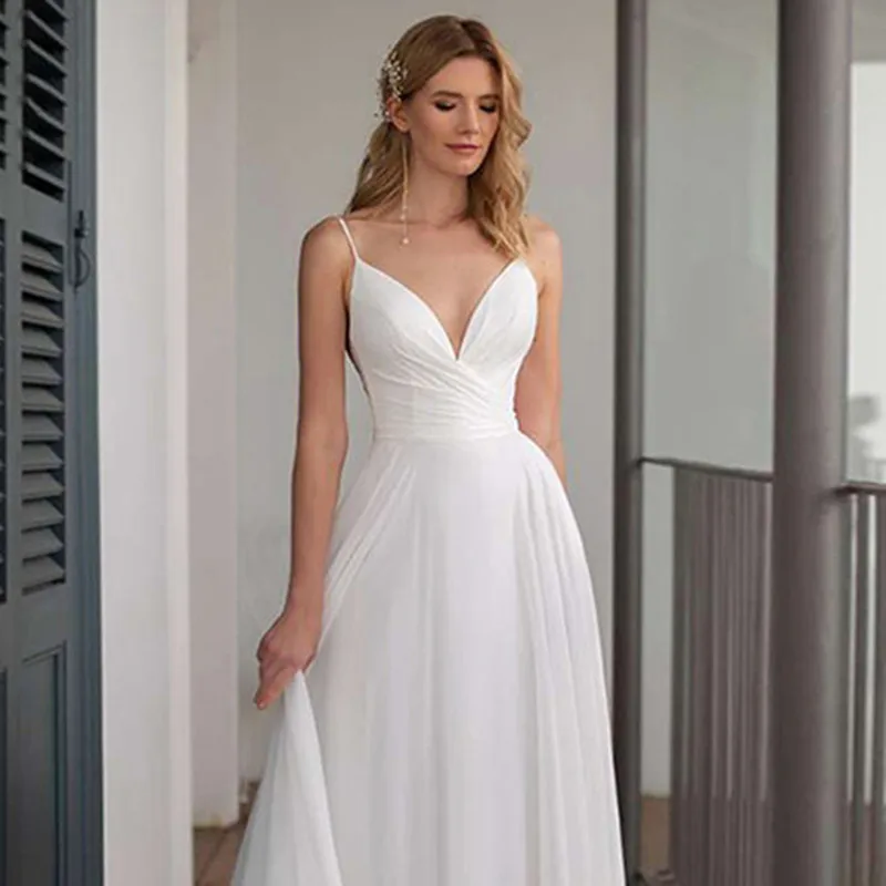 Simple V-Neck Sleeveless Wedding Dresses Chiffon Spaghetti Straps Open Back Bridal Gowns A-Line Train Robe De Mariée Customized