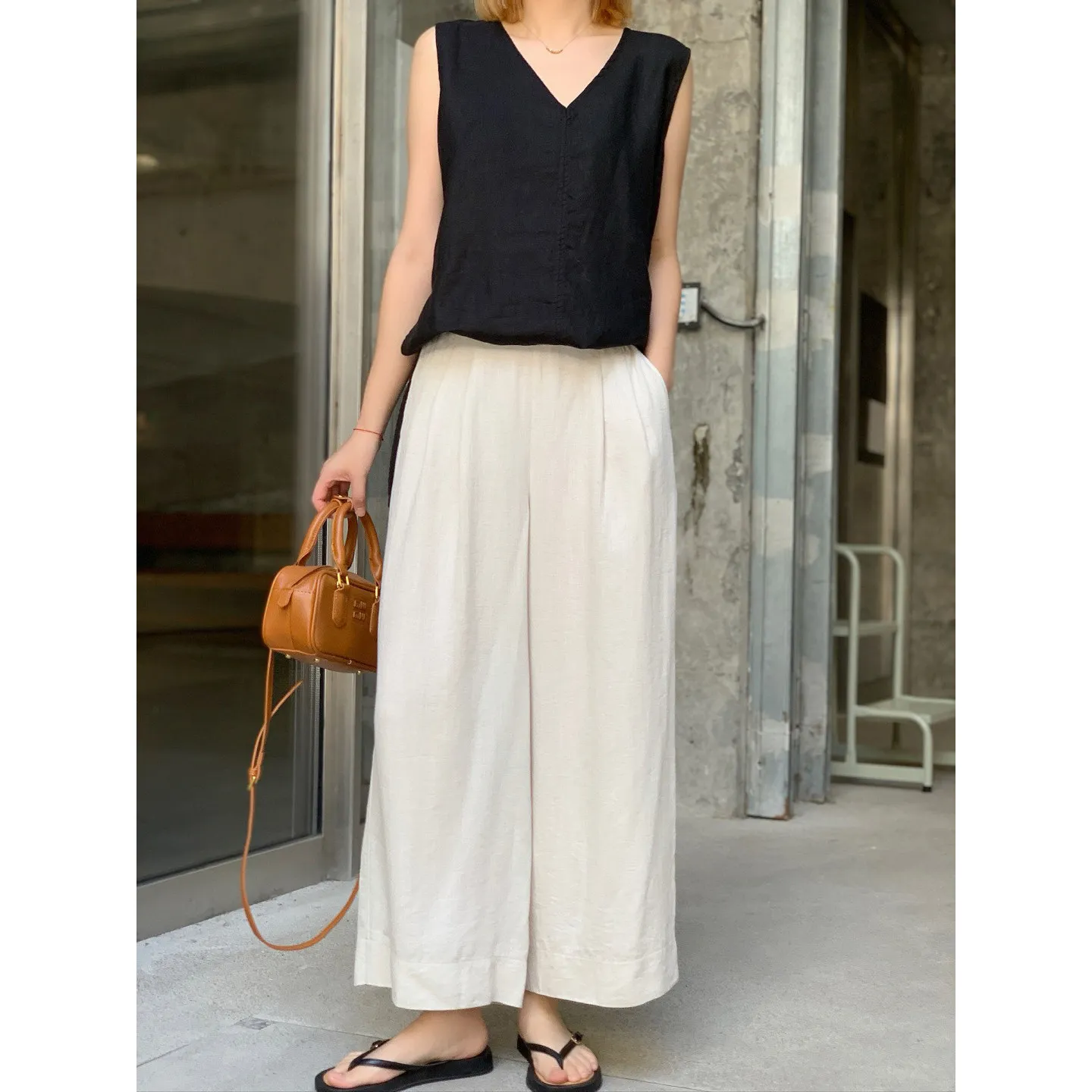 Seawhen Summer Thin Lyocell B � Pantalones anchos de lino Tane, cintura alta, cintura elástica, ajuste holgado informal, pant...