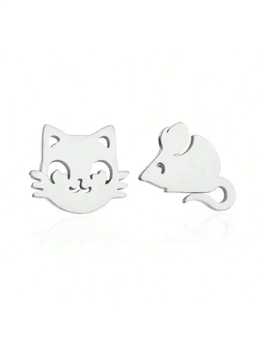 

Stainless Steel Cat And Mouse Stud Earrings For Women Simple Animal Jewelry Daily Wear Party