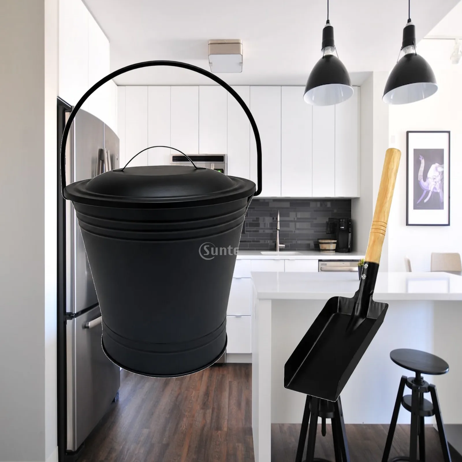 Ash Bucket with Shovel Iron Lid Fireplace Pail for Cold Ash Disposal Home Hearth Cleaning Accessory