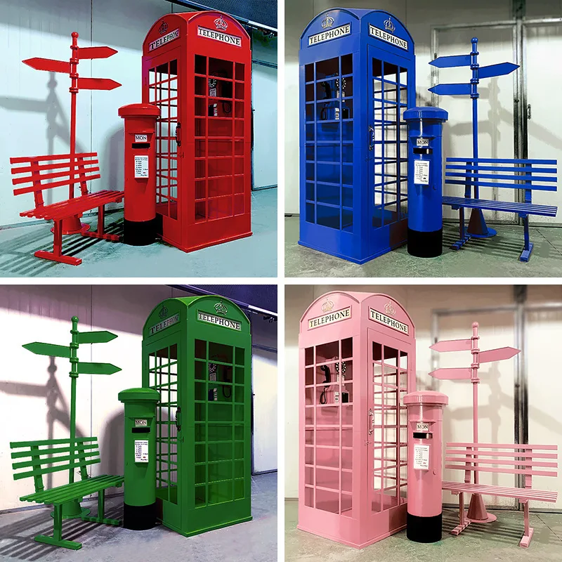 Retro wrought iron phone booth, mailbox, road sign, venue arrangement, shooting prop
