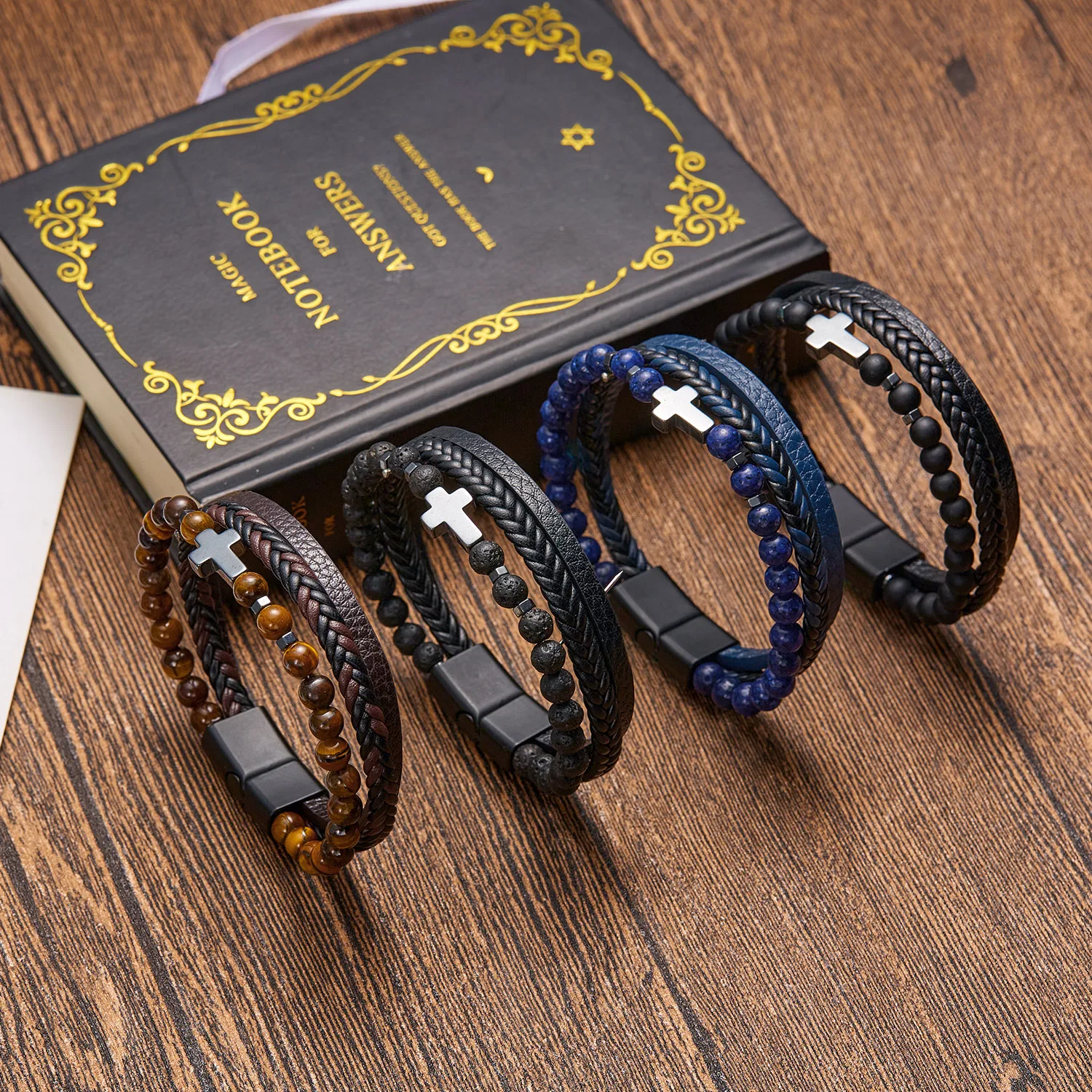 Männer Leder Armband Vintage Mode Tigerauge Vulkan Stein Perlen mehr schicht ige Leder Kreuz Armband für Männer Schmuck Geschenk