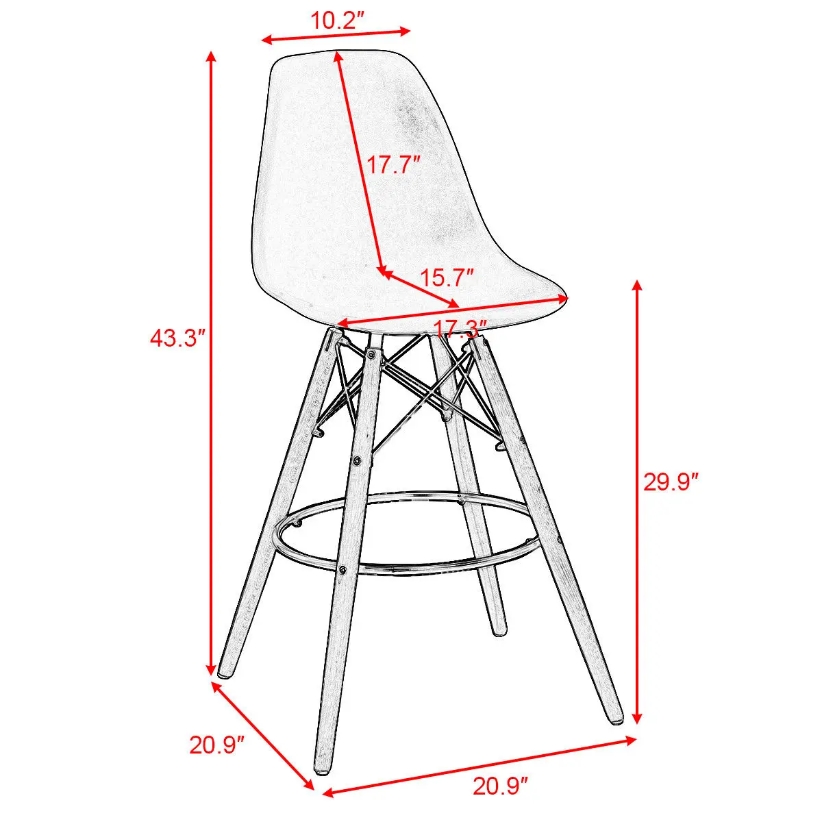 Set of 2 Dining Side Armless Accent Chair Molded Plastic Seat Wooden Legs White