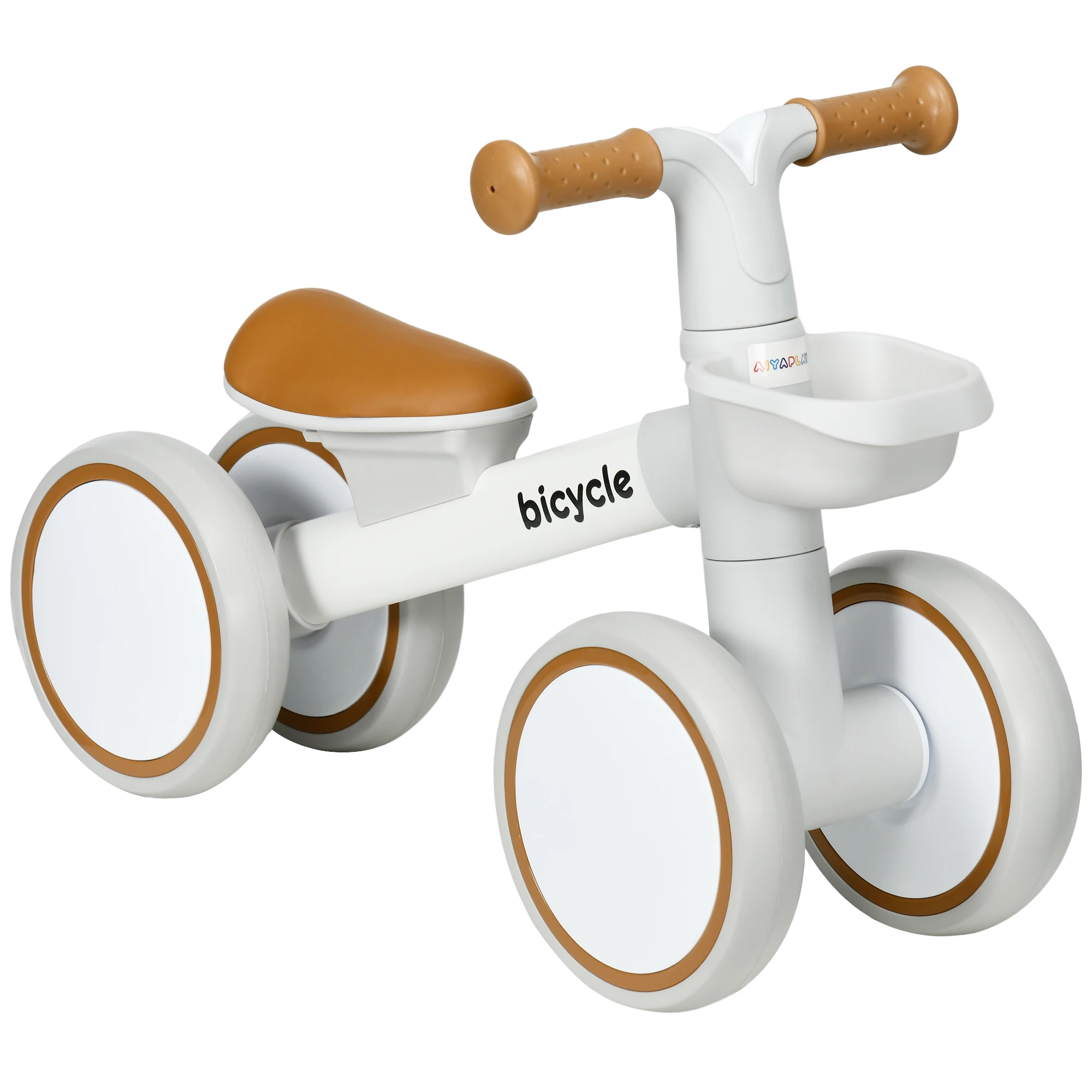 Aiyaplay Loopfiets voor kinderen van 12-36 maanden, met verstelbare zitting, mandje en 4 stille wielen, draagvermogen 20 kg, 56x27x39 cm, wit en bruin