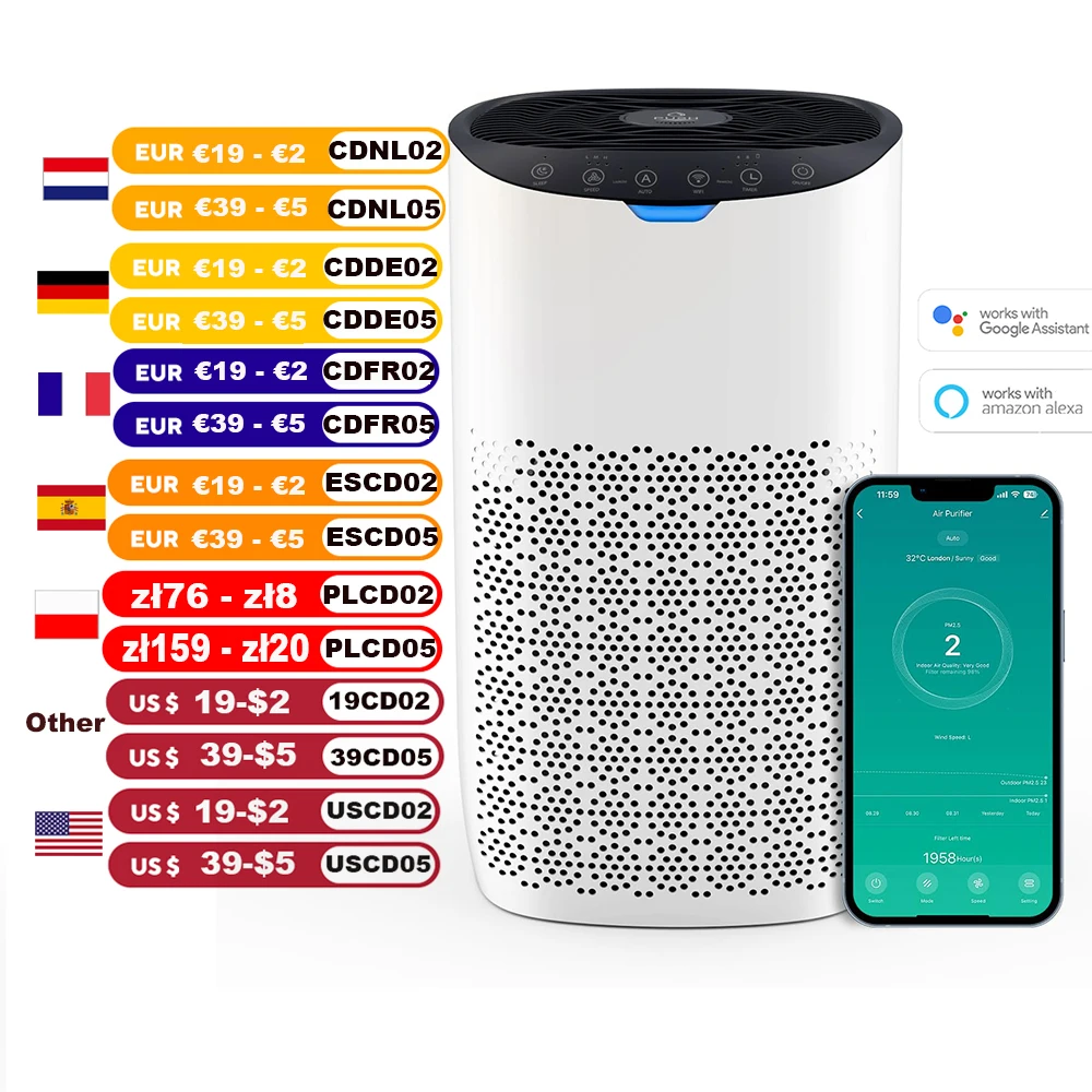 AROEVE Luftreiniger-App, Sprachsteuerung, 300 m3/h, für Räume von 80–120 ㎡   , Duft, Auto-Modus,