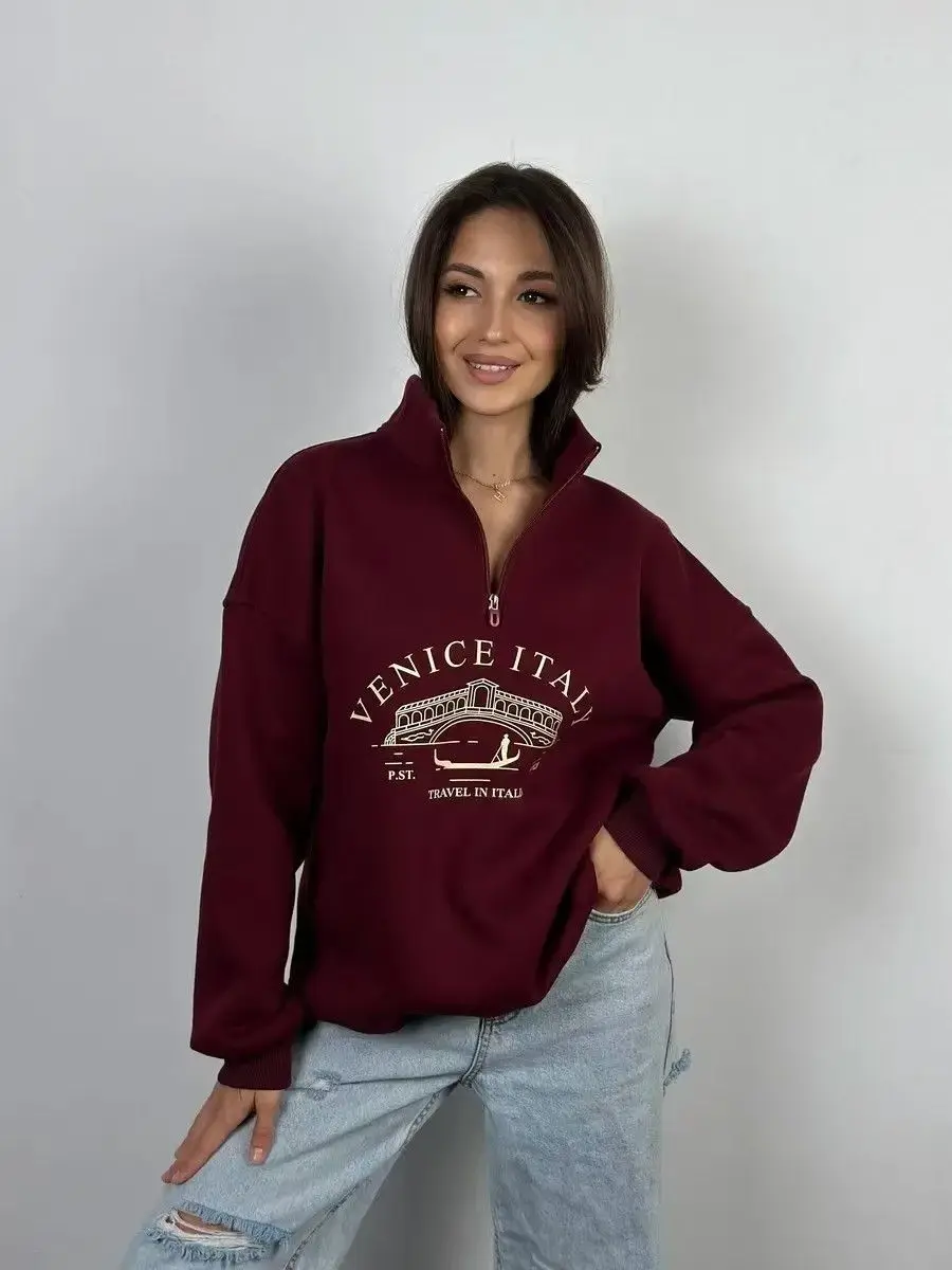Design Cute Venice Italy Pattern Sweater Lapel Turn-down Collar Sweatshirts Wine Red Leisure Autumn Top Elegant Women Streetwear