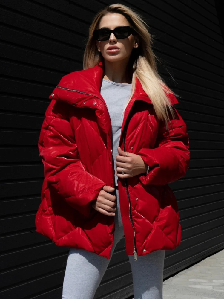 Loose Rhombic Cotton-Padded Coat Autumn Winter New Arrival High Quality Coats Matte Gloss Lapel Casual Street Jacket Women