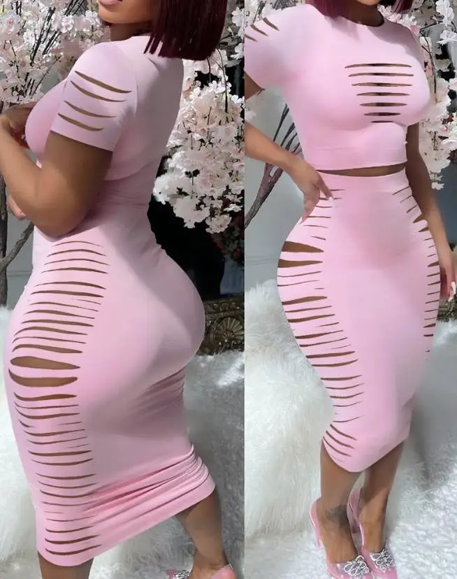 

Women Elegant Suits 2024 Spring Summer Latest Sexy Ladder Cutout Round Neck Short Sleeve Top & Skinny High Waist Party Skirt Set