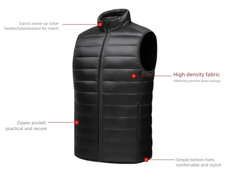 Men's Winter Sleeveless Puffer Vest Jacket Packable White Duck down Waistcoat Lightweight Waterproof Casual Coat