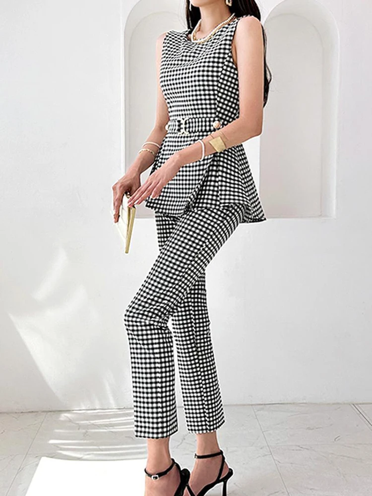 Korea 2 Piece Elegant Women Plaid Set New Fashion Vintage Office Business Casual Slim Ruffles Top with Belt + Pencil Pants