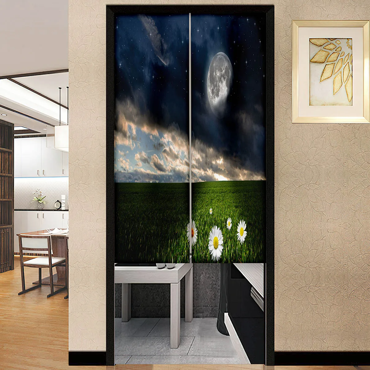 Scenery Fields Sky Stars Moon Japanese Door Curtain Kitchen Household Partition Drapes Restaurant Entrance Hanging Half-Curtain