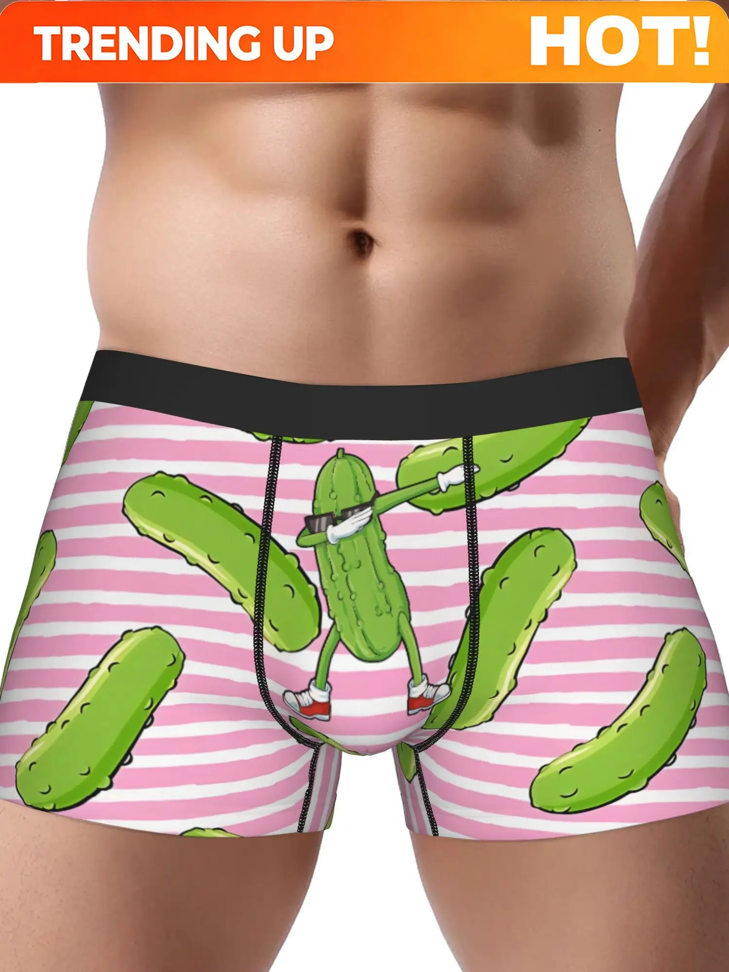 Men'S Boxer Briefs Featuring a Print of Pickles on Pink Stripes