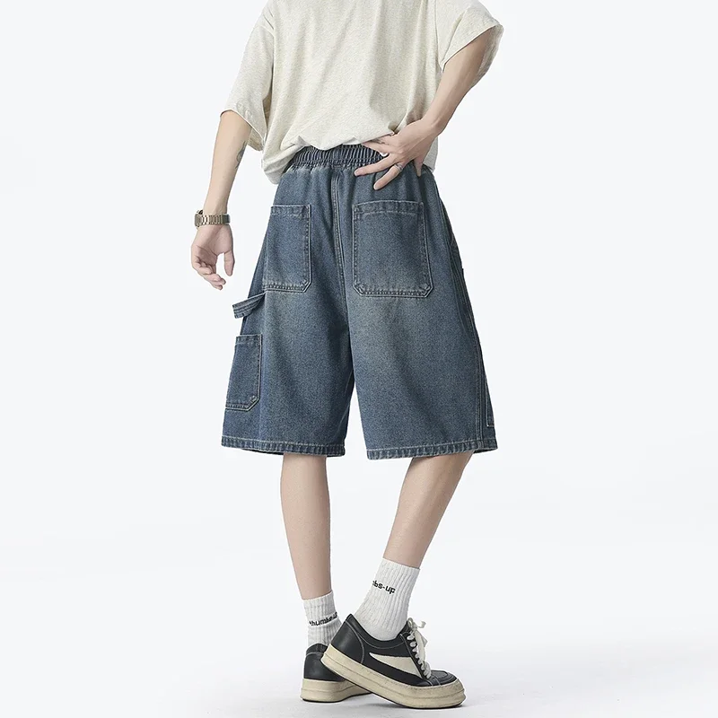 อเมริกันแฟชั่น Street Workwear กางเกงยีนส์กางเกงขาสั้นฤดูร้อนบางหลวมสบายๆห้ากางเกง Harajuku สไตล์ Rivet กางเกงขาสั้น Hip-Hop