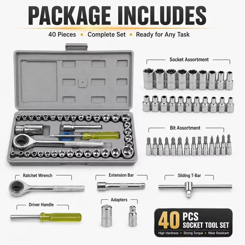 40-Piece Combination Socket Set for Automotive & Motorcycle Mechanics New 2026 Wrench Tool Bag Toolbox with 26 Piece Sockets