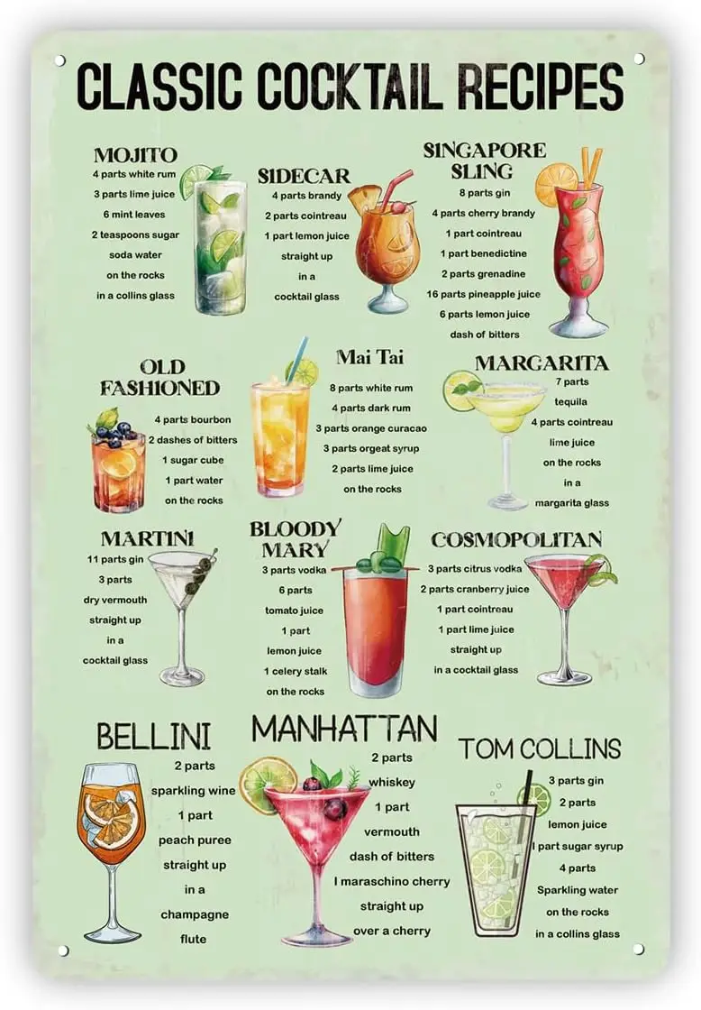 Metal Tin Signs, Classic Cocktail Recipes, Retro Metal Signs Plaque, Man Cave Decor, Cocktail Wall Art, Patio Backyard Decor, Wi