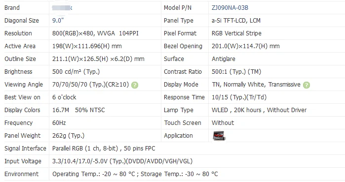 Новый оригинальный 9-дюймовый 800 × 480 ЖК-монитор ZJ090NA-03B 9 "800(RGB)× 480, WVGA 104PPI WLED ЖК-экран, панель дисплея